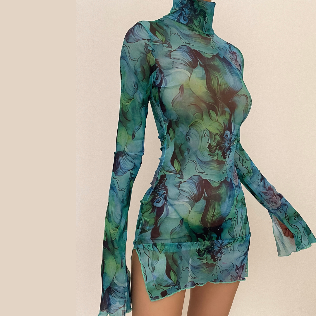 Sheer mesh see through print high neck slit long sleeve mini dress