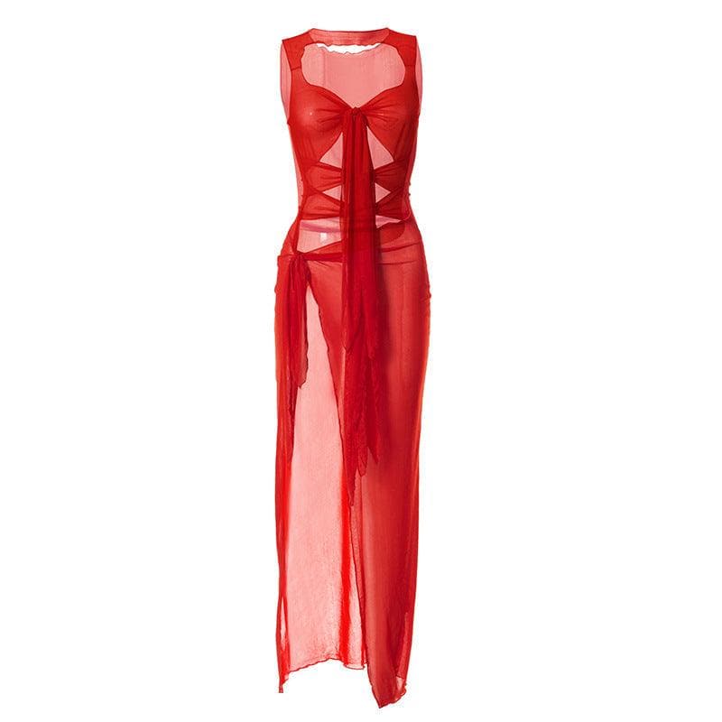 Lovina® | Sheer mesh see through knotted hollow out slit maxi dress