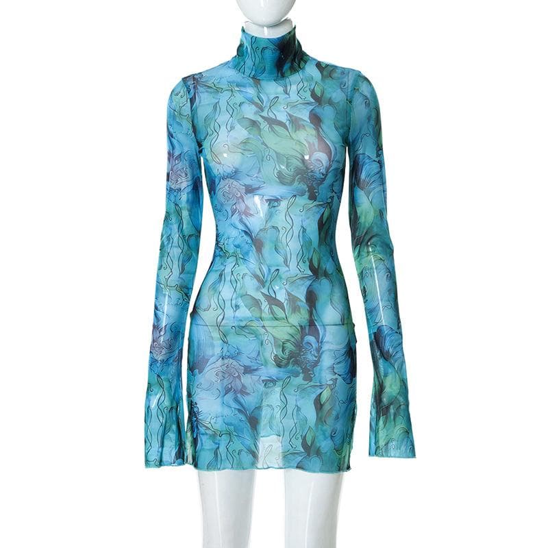 Sheer mesh see through print high neck slit long sleeve mini dress
