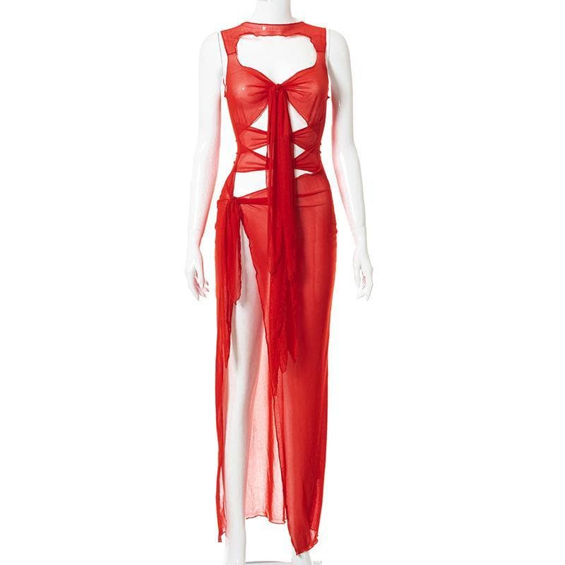Lovina® | Sheer mesh see through knotted hollow out slit maxi dress